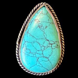 Genuine Kingman Turquoise Teardrop Sterling Silver Overlay Ring Size 6